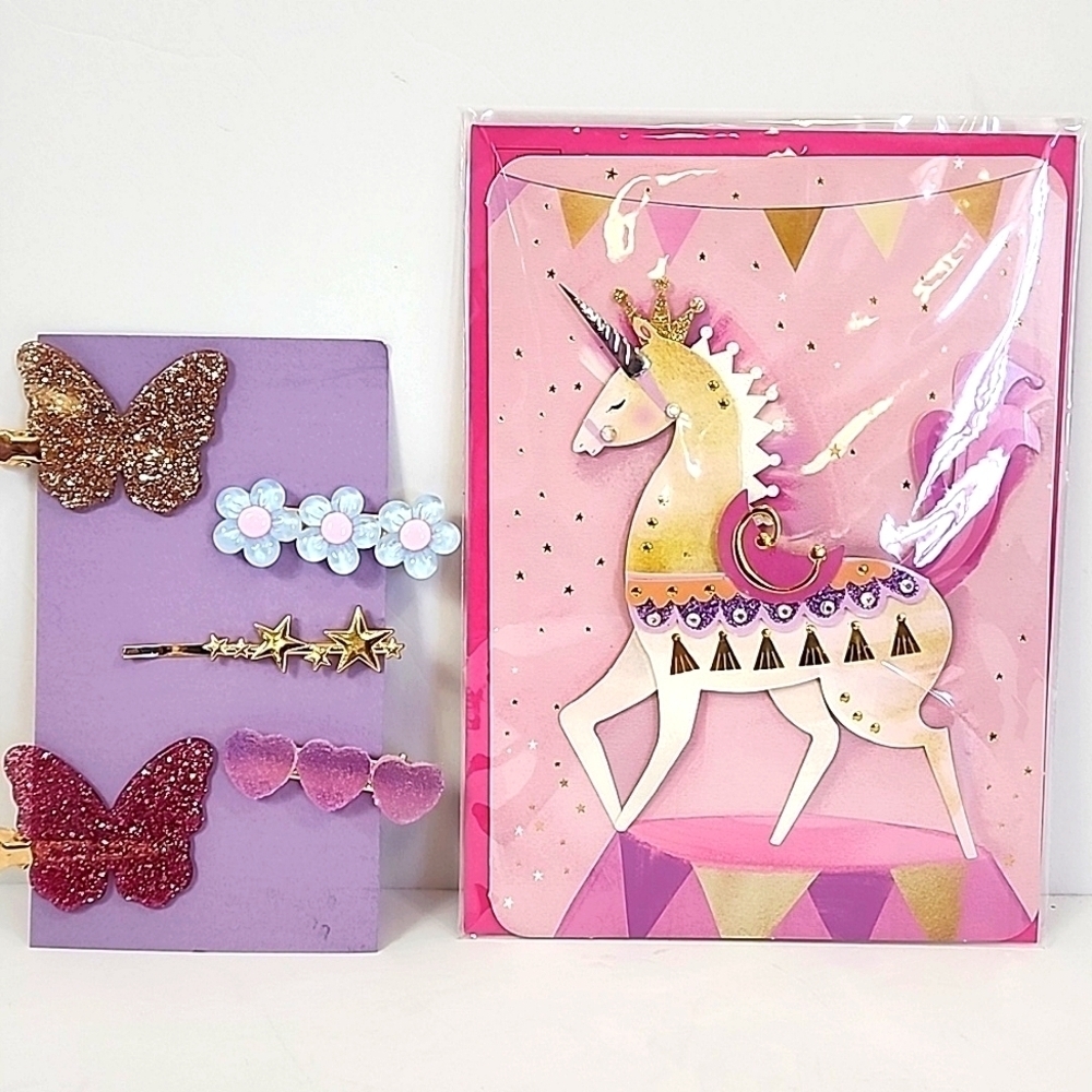Unicorn Birthday Card + 5pc Hair Clip Set Burgoyne OS